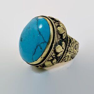 Turquoise Ring, Middle Eastern, Vintage Ring, Size 7, Brass, Kuchi, Afghan